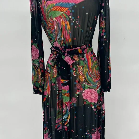 VINTAGE Malcolm Starr Black and Floral Rayon Sheer Dress